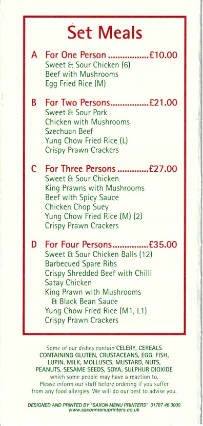 Menu of xxxxx