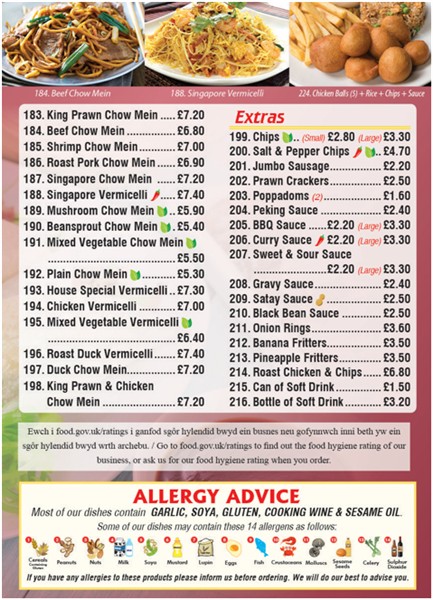 Menu of Kwong Ming, Chinese takeaway in Caerphilly